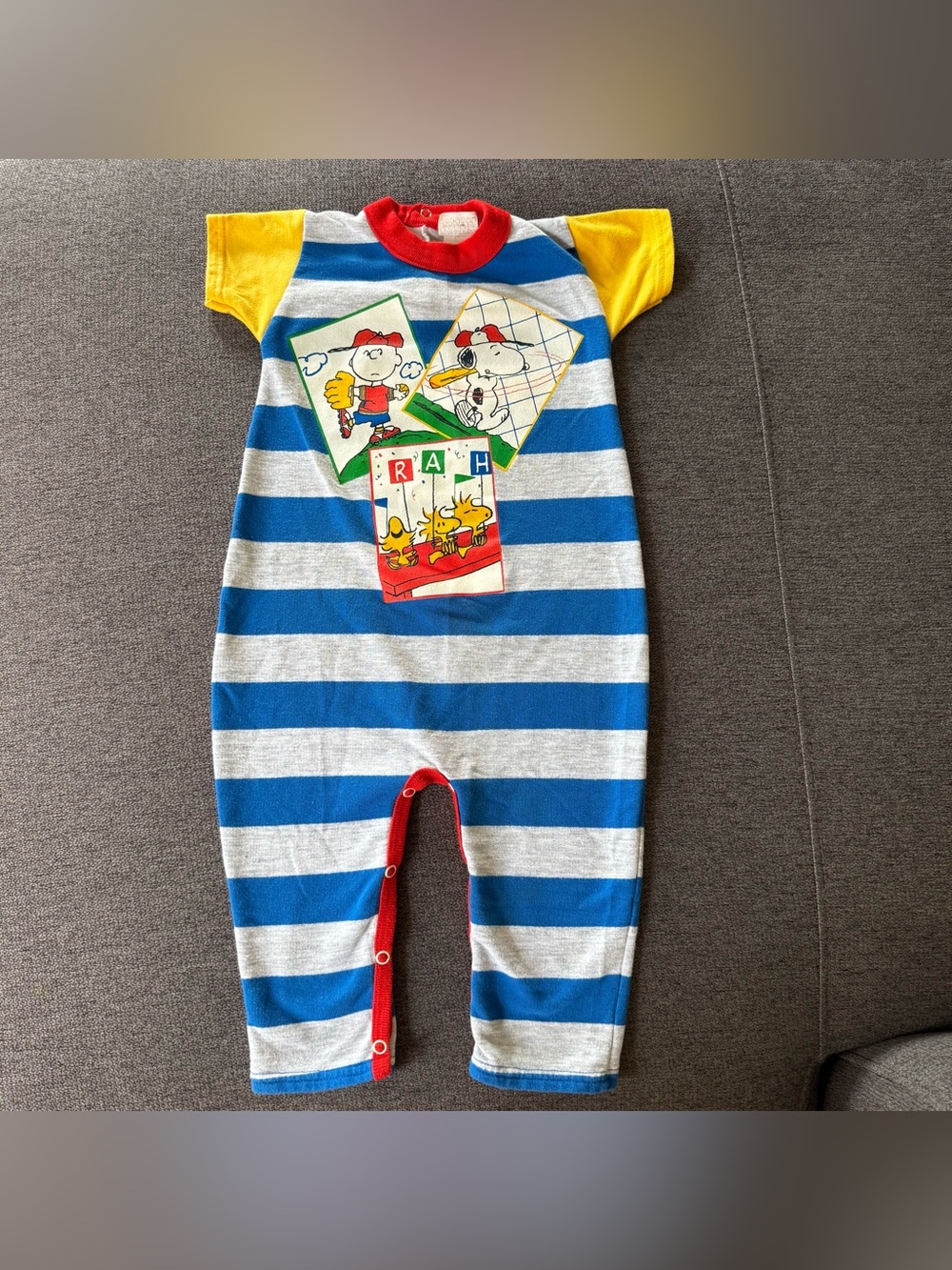 VTG 90s Peanuts Blue Gray Striped Romper Yellow Sleeves Baby 24M Nostalgic USA